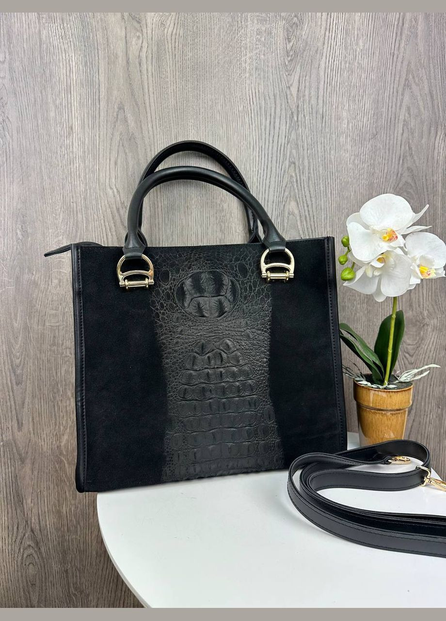 Жіноча замшева сумка рептилія велика сумочка з тисненням чорна Eton (322142517)
