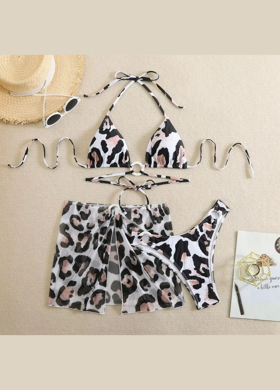 Белый летний раздельный с леопардовым принтом и мини-юбкой раздельный No Brand купальник