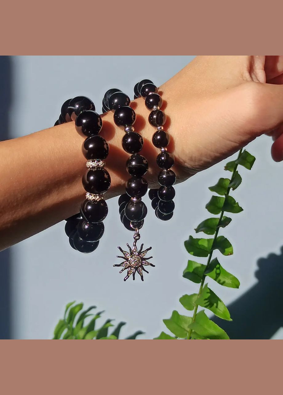 натуральный Черный Агат 3 браслета на резинке, фур-ра гип-ный сплав цвет серебро d-12-8мм+- L-18см No Brand Сет (315440131)