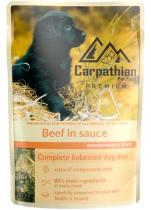 Вологий корм для собак у соусі з яловичиною 100 г (4820111141159) Carpathian Pet Food (279571223)