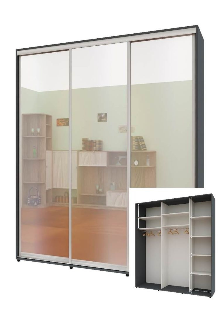 Шафа-купе тридверна 180*60*220 см Графіт 3 двері Дзеркало Стандарт Комфорт Меблі (360436855)
