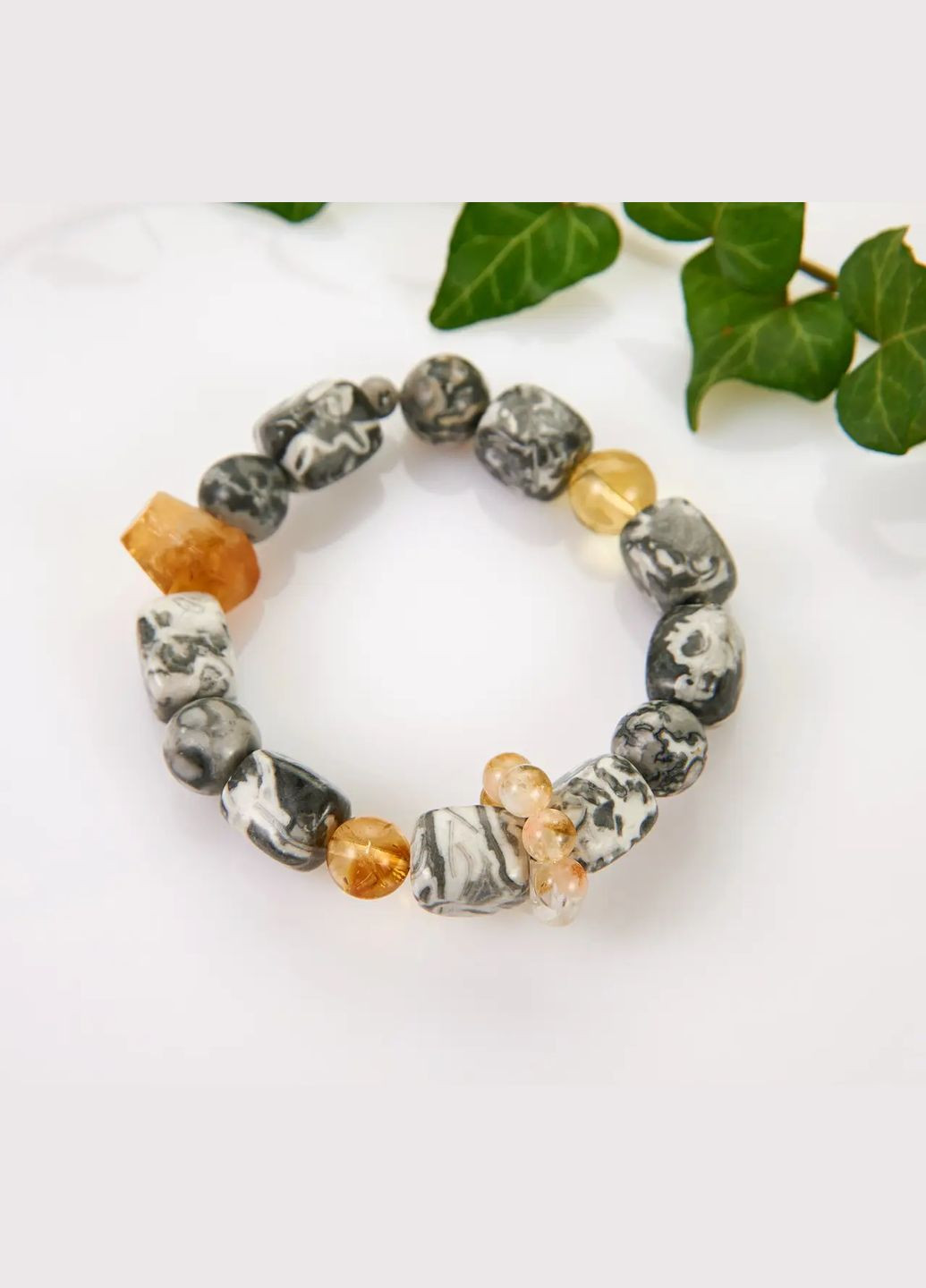 Браслет на гумці натуральний камінь Яшма сіра, Цитрін d-12-6мм+- L-18см No Brand Браслет (334350423)
