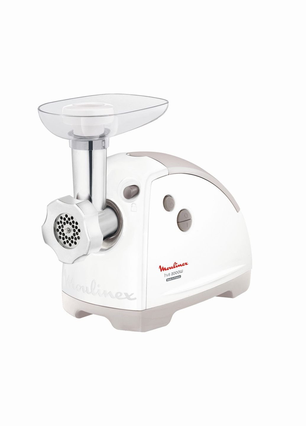 Мясорубка, 2000Вт, 2.6кг/мин, 2 решетки, насадка для колбас, кеббе, томатов, 5 терок, пластик, бело-серый Moulinex (344558143)