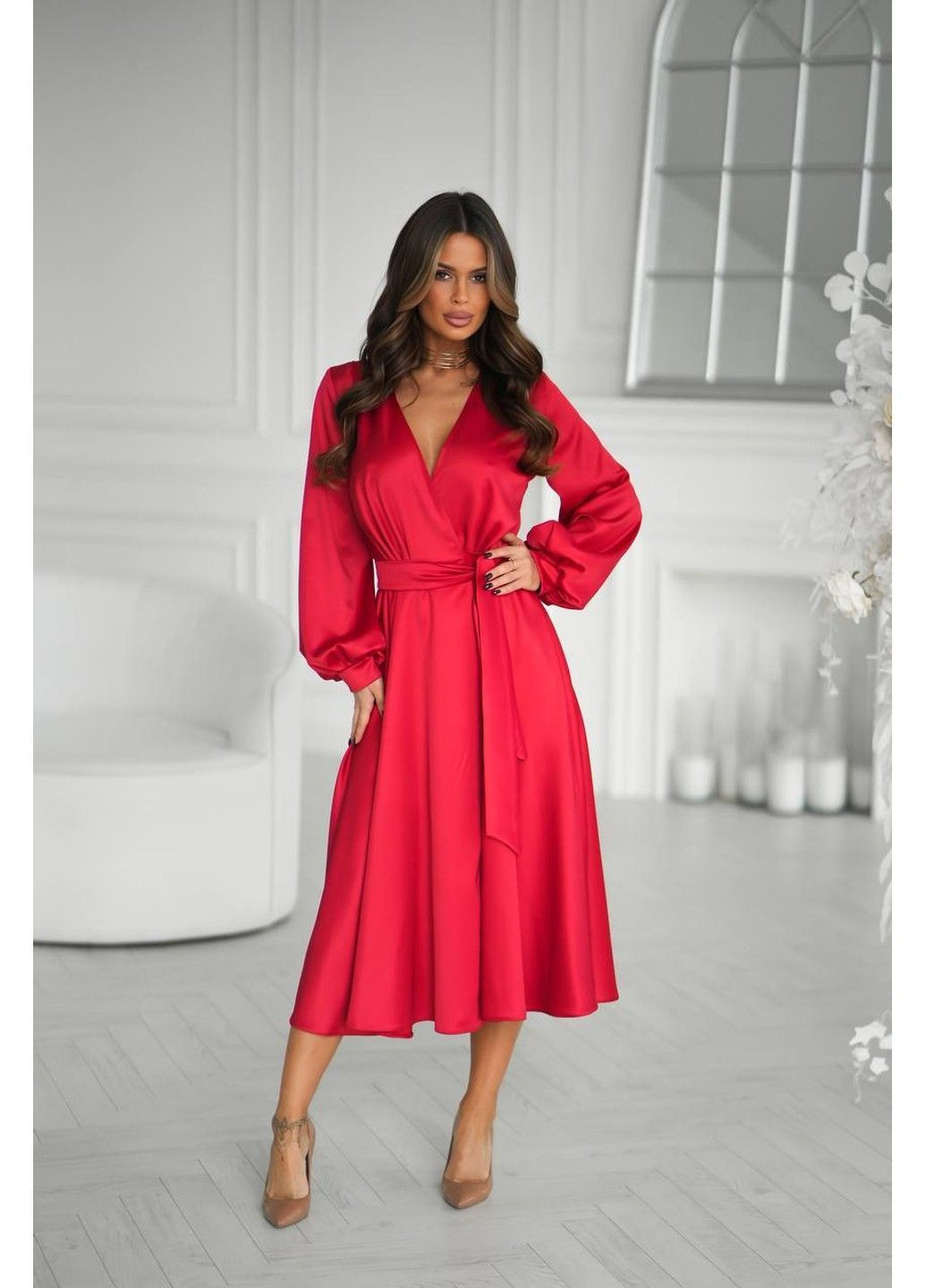 Красное платье атласное на запах — модель 7563 красный No Brand