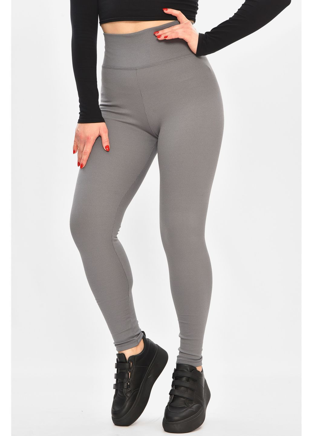 Лосины женские полубатальные в рубчик на флисе серого цвета Let's Shop (369363832)