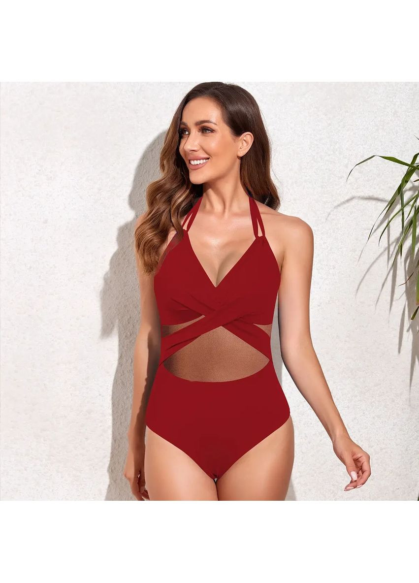 Бордовий літній жіночий купальник із чашкою на зав'язках на шиї. суцільний жіночий купальник із якісного швидковисихного елу, m China