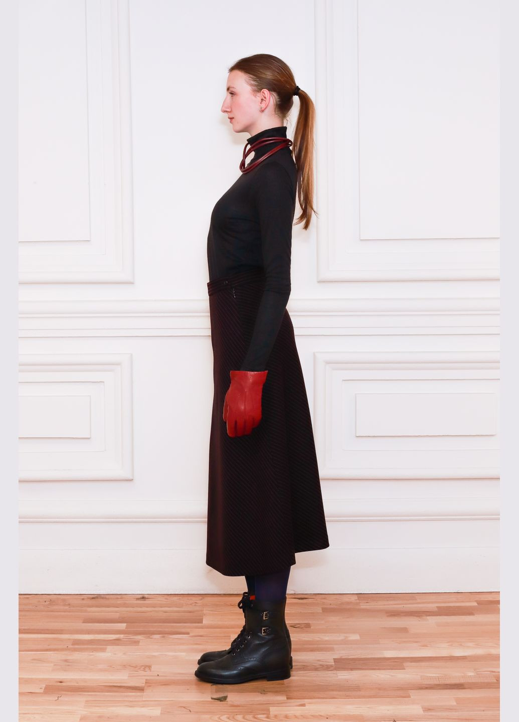 Темно-бордовая офисная черно-бордовая полосатая юбка из шерсти ридженс Dolcedonna а-силуэта (трапеция)