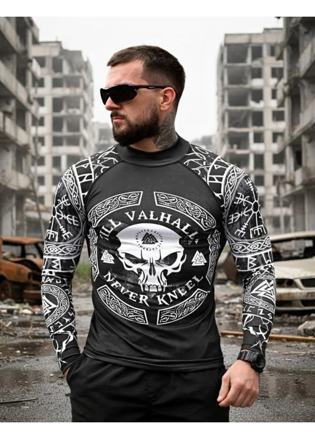 Мілітарі рашгард Valhalla Чоловічий лонгслів тактичний, гольф з принтом, рашгард для військових, Реглан тактичний No Brand чорний