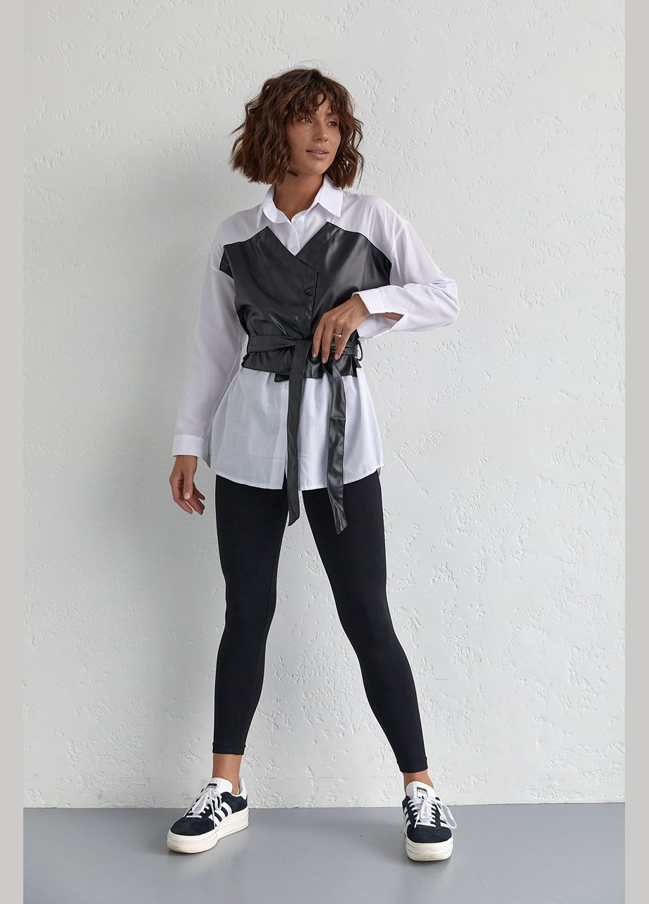 Белая повседневный рубашка однотонная Liton с длинным рукавом