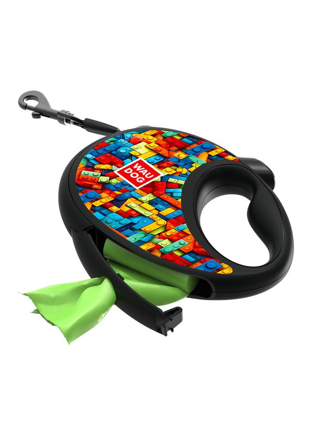 Поводок-рулетка для собак R-leash с контейнером для пакетов "Блоки", светоотражающая лента, S, до 12 кг, 3 м WAUDOG (364751557)