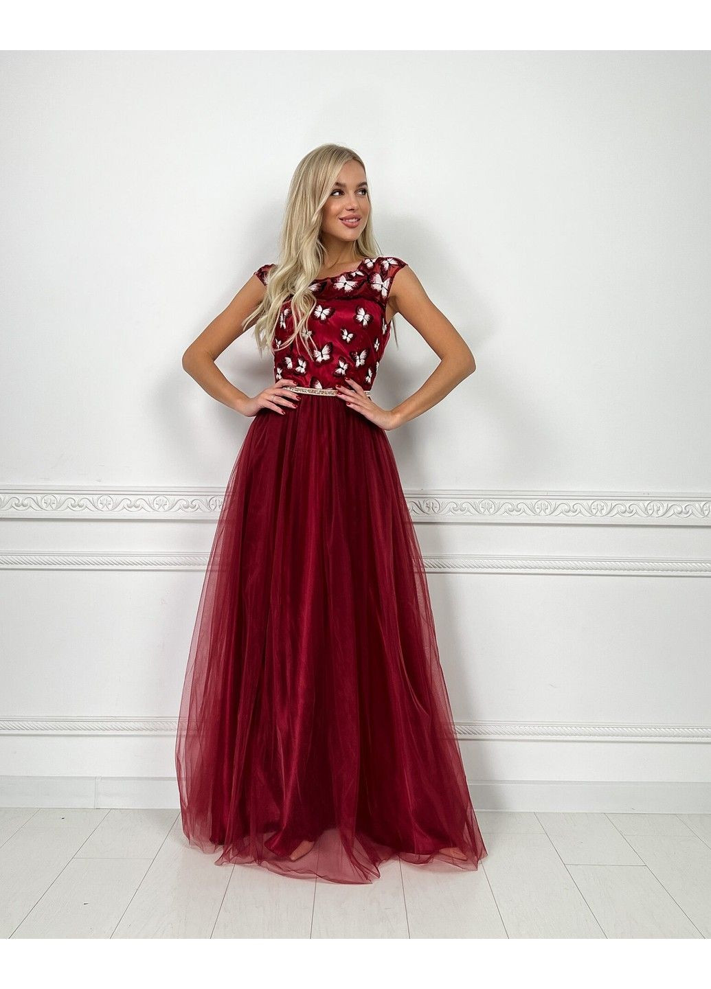 Бордова вечірня сукня метелики вишивка 7036 бордова Tanita-Romario