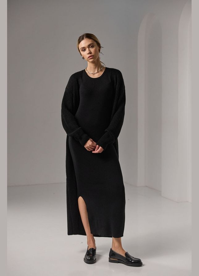 Черное повседневный элегантное макси платье с вертикальным рисунком из пряжи с шерстью и мохером (2751) Triko Bakh