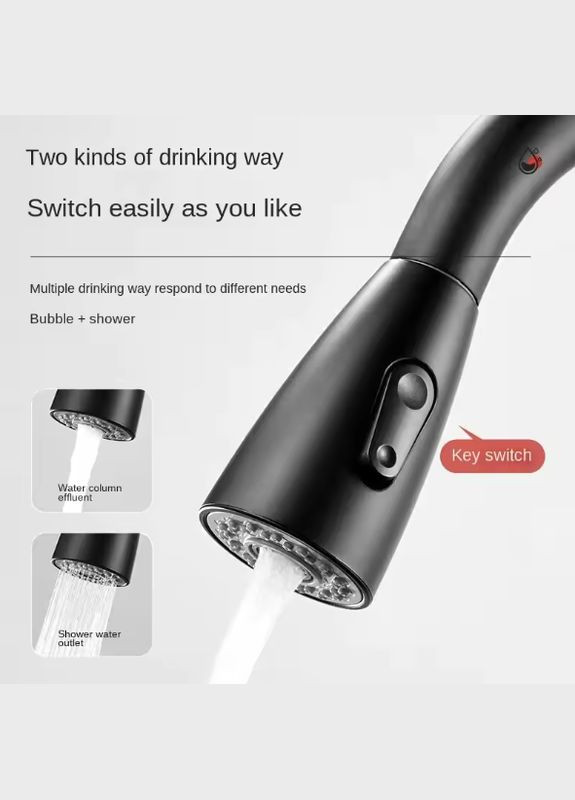 Змішувач для кухні з висувним виливом, 2 режими лійки. Чорний матовий. No Brand (319847343)