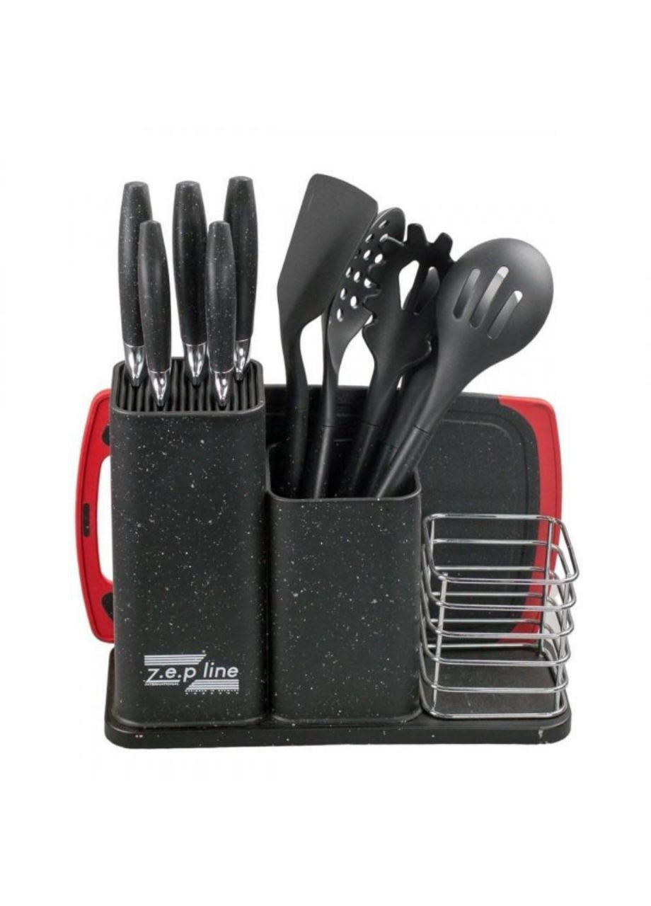 Набор ножей и кухонных принадлежностей 14в1 Zepline ZP-045 чёрные, пластик, силикон, нержавеющая сталь