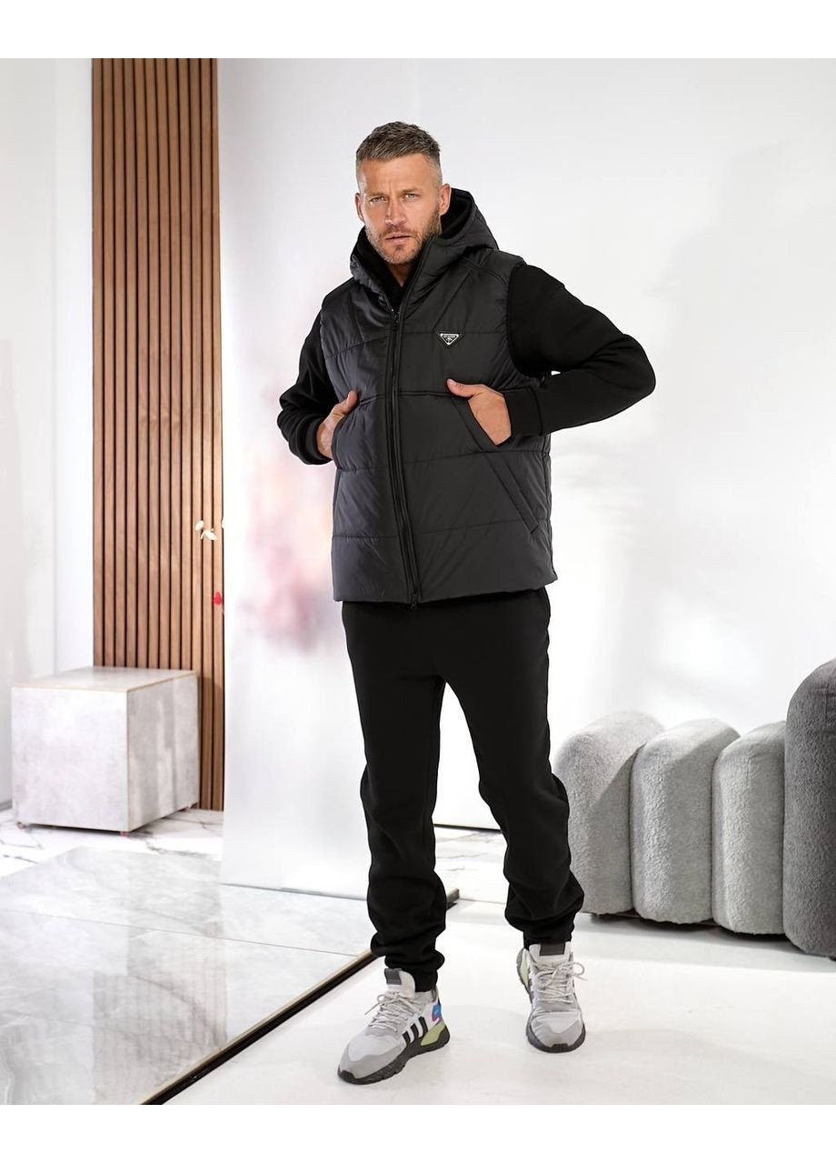 Черный демисезонный костюм тринитка на флисе (жилет, тощи, брюки), цвет черный Fashion