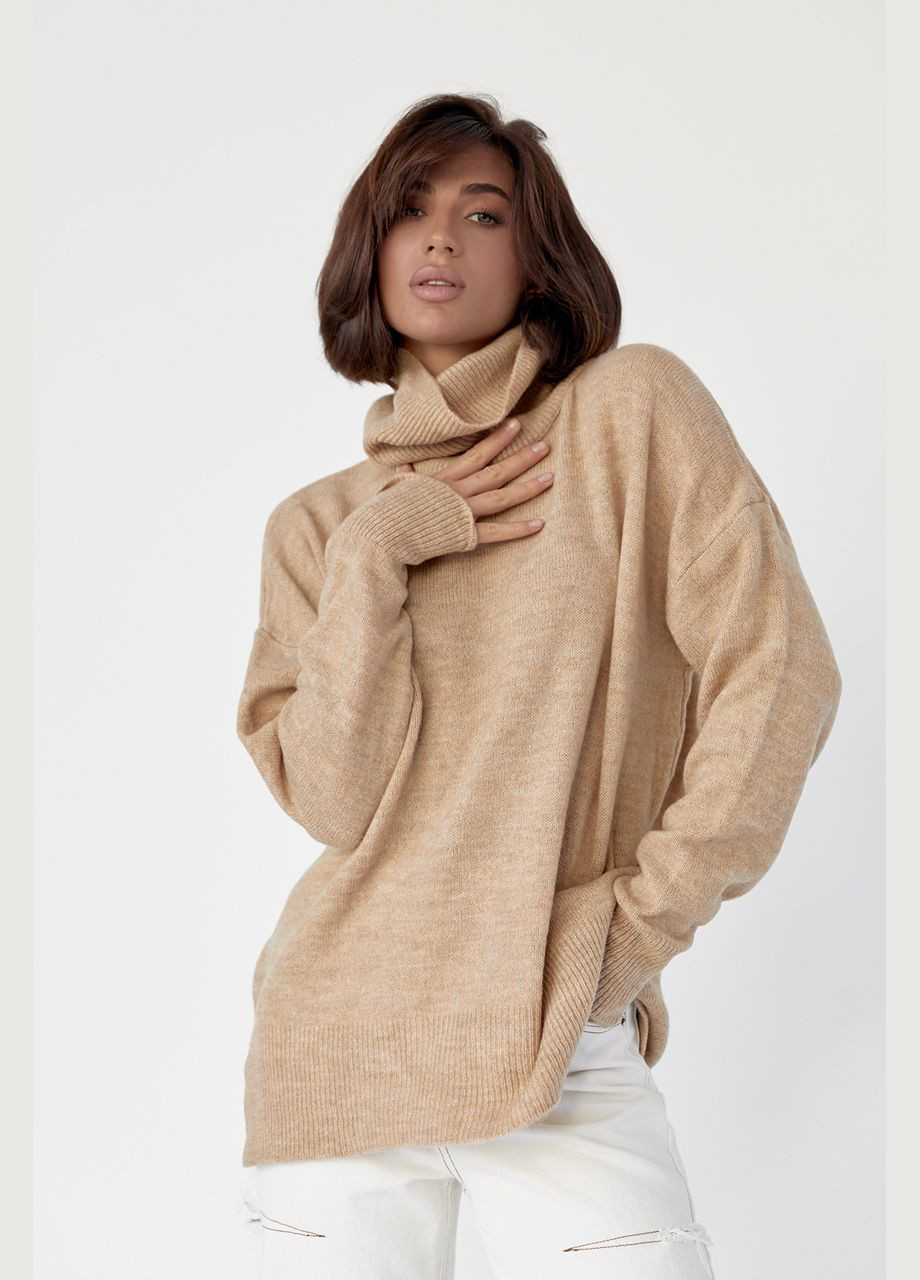 Світло-коричневий демісезонний жіночий светр oversize з розрізами з боків 06010 Lurex