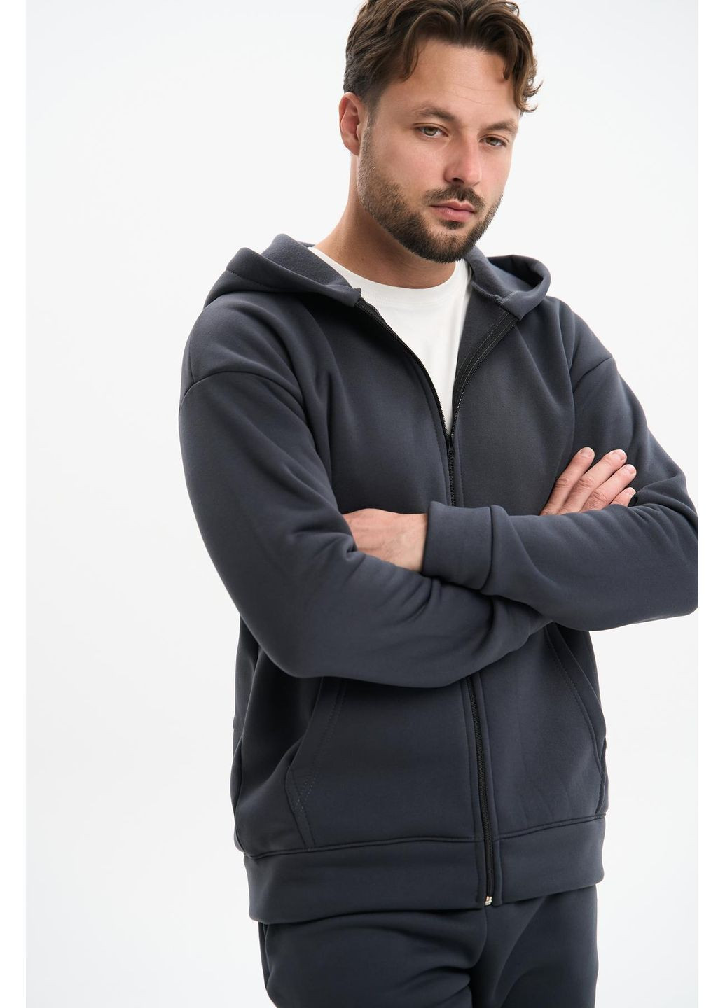 Чоловічий теплий спортивний костюм Великого розміру на блискавці з тринитки на флісі, графіт No Brand (365830125)