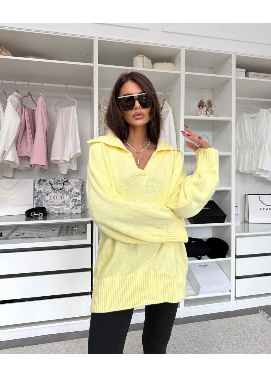Светло-желтый зимний стильный вязаный свитер оверсайз пуловер Україна