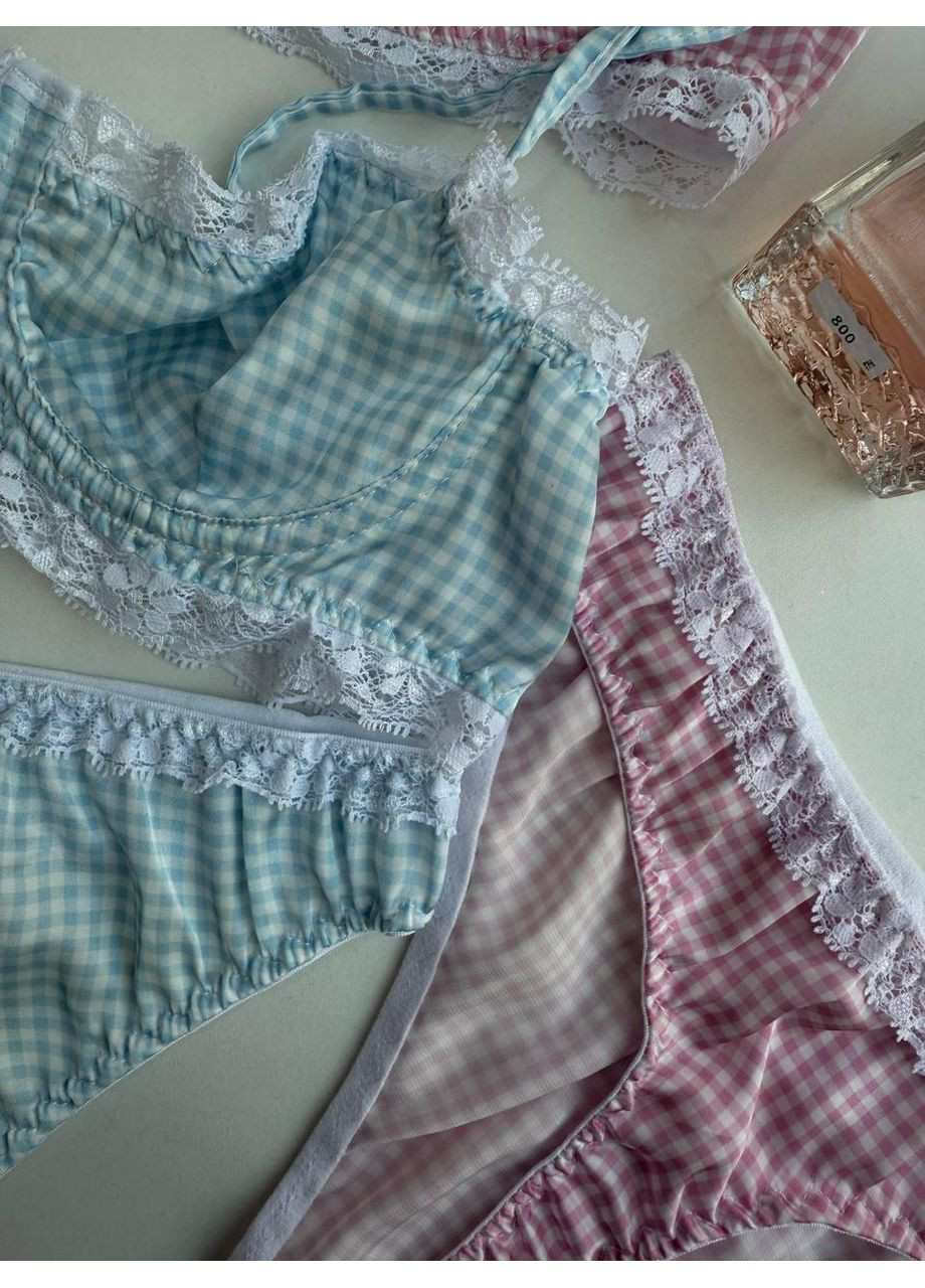 Комбінований демісезонний сексуальний атласний комплект жіночої білизни. комплект спідньої білизни в клітку і мереживом Turkiye