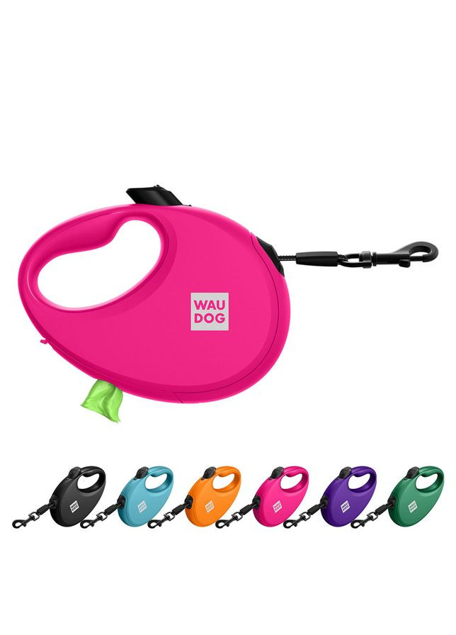 Повідець-рулетка для собак R-leash з контейнером для пакетів, світловідбивна стрічка, M, до 20 кг, 5 м, рожевий WAUDOG (329867748)