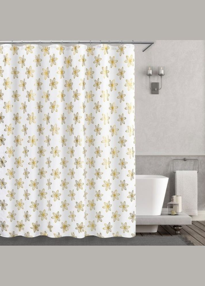 Шторка для ванної та душу 180x180 см, фіранка для ванної кімнати з гачками, біла з золотистим візерунком No Brand (346528646)