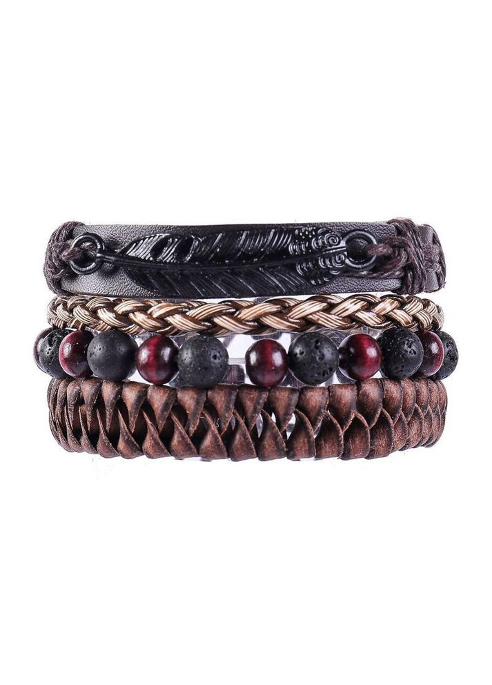 Набор плетеных кожаных мужских браслетов универсального размера перья с бусинами лава (NR0505) No Brand (317252763)