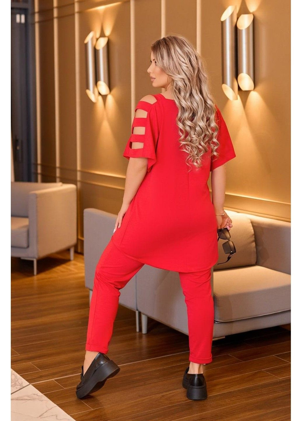 Костюм 2-ка, футболка з розрізами на рукавах, футболка з накатом, вузькі штани мод БЛК- 2218, червоний, 58-60 No Brand (355469558)