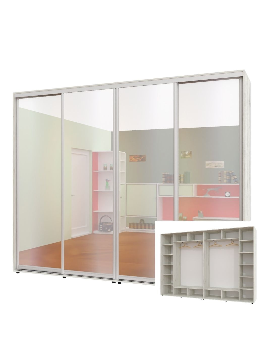 Шкаф-купе четырехдверный 310*45*220 см Дуб крафт белый 4 двери Зеркало ШК-02 Алекса (360453439)