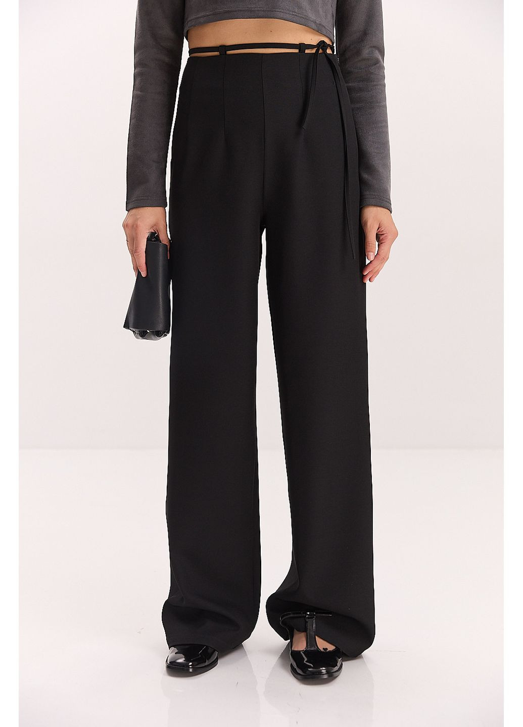 Женские классические черные брюки с тонким поясом-завязкой над талией Arjen (353305972)