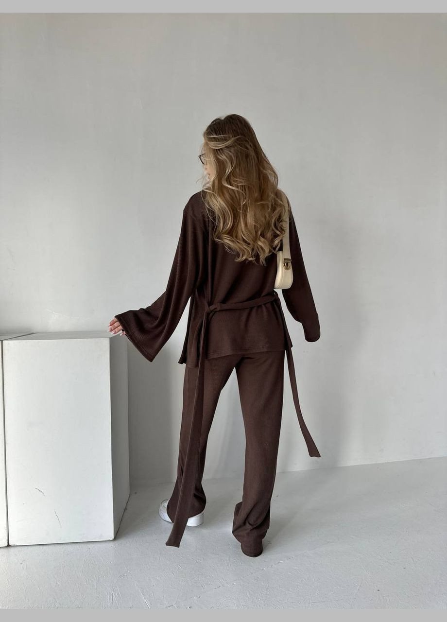 Женский серый брючный костюм: кофта кимоно с поясом и брюки палаццо коричневый No Brand (322927917)