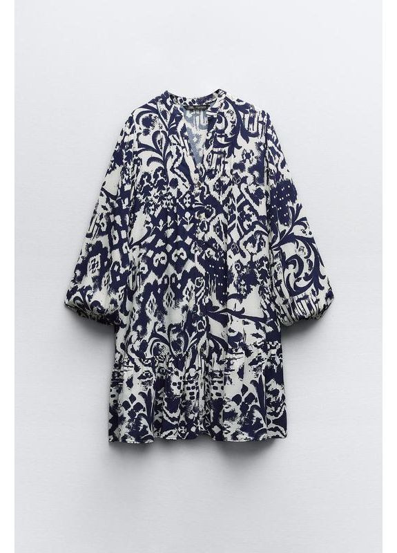 Синя сукня міні з принтом та довгими рукавами Zara