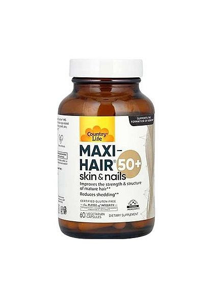 Комплекс вітамінів і мінералів для волосся Maxi Hair 50+ 60шт (1363748-16180426) Country Life (368647381)