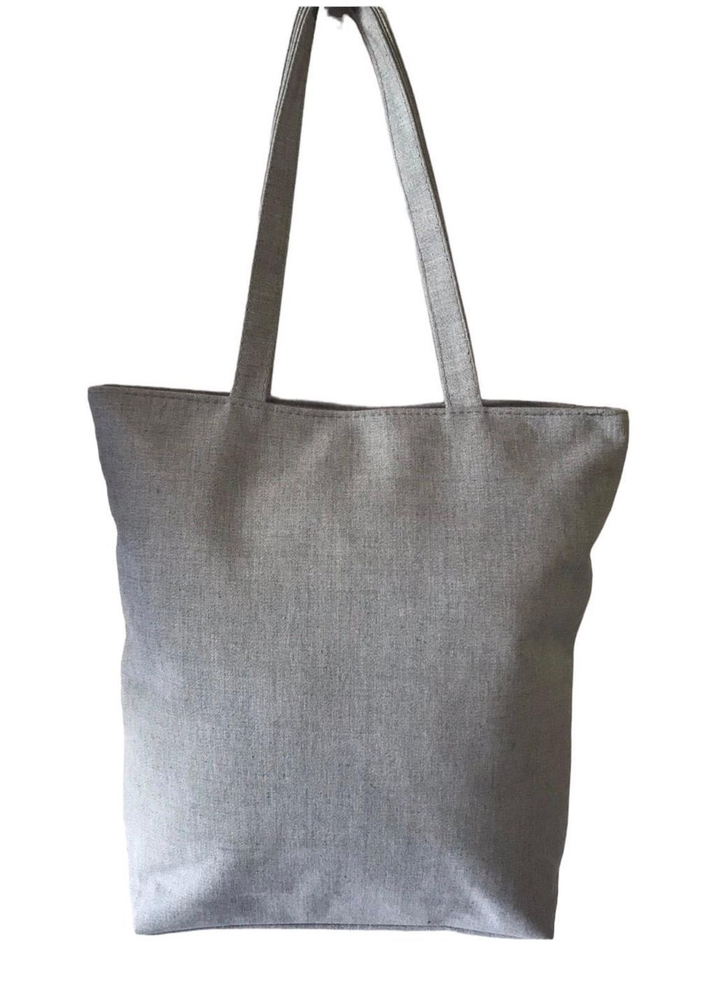 Сумка шопер жіноча з тканини повсякденна на блискавці 026 сіра кіт з жовтими очима No Brand (369627452)