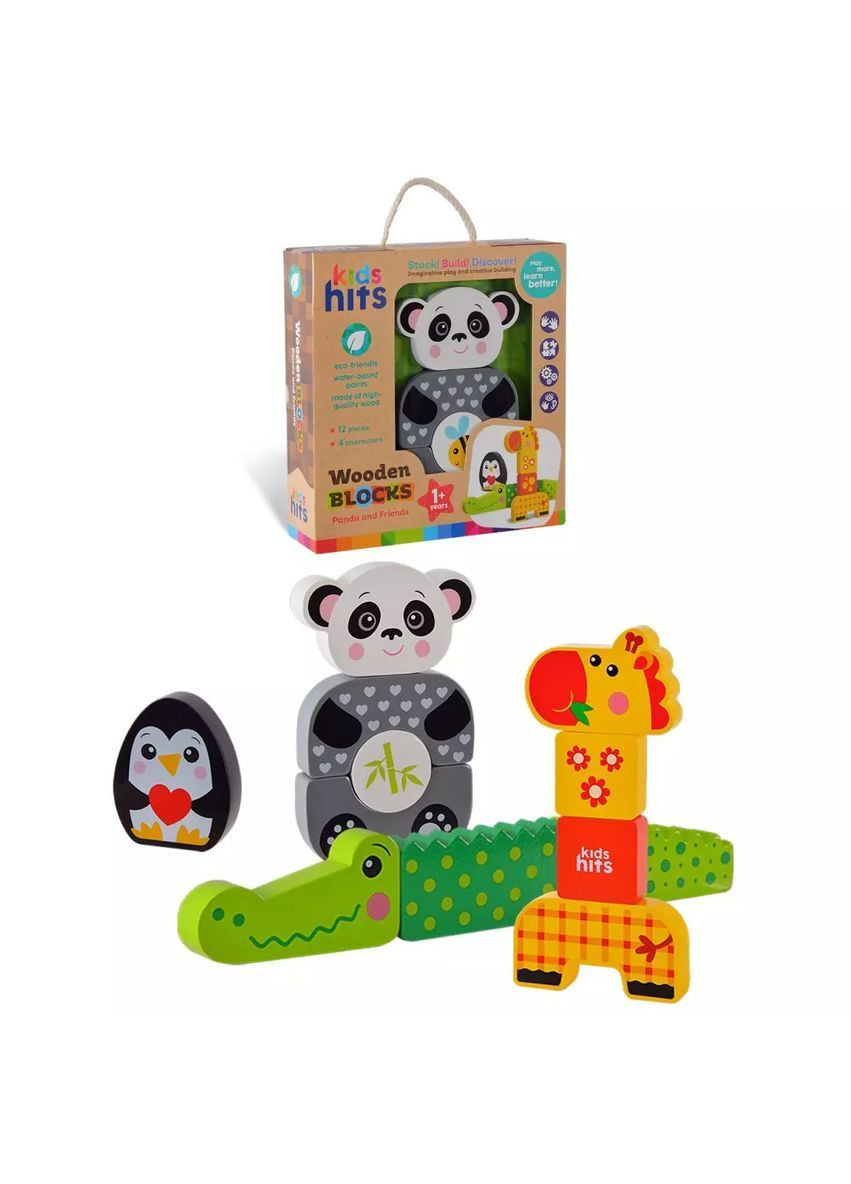 Дерев'яний розвивальний набір з 12 блоків "Панда і друзі" Kids hits - No Brand KH20/006 (371929053)
