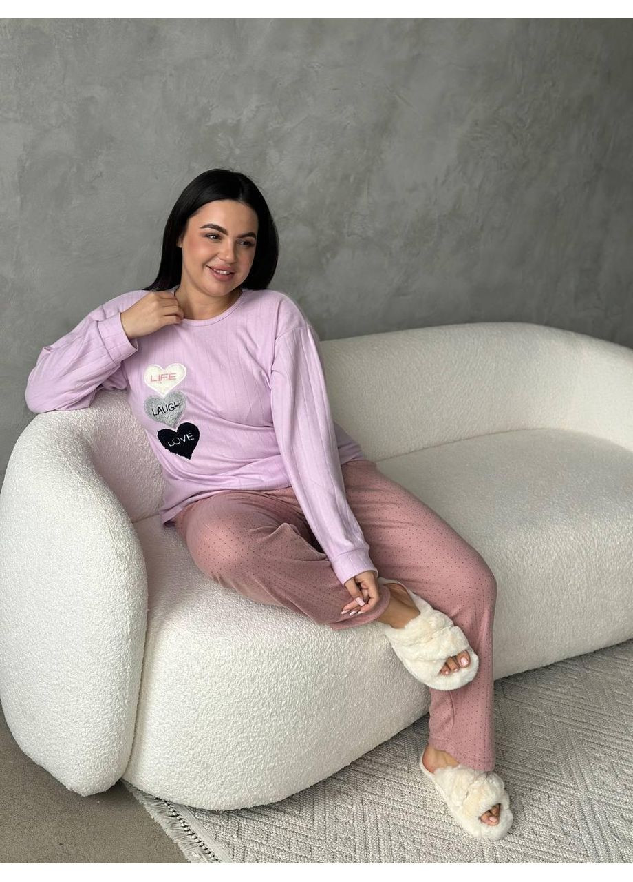 Лавандова жіноча піжама plus size лавандова з серцями / жіночий домашній комплект великий розмір / жіноча турецька піжама No Brand