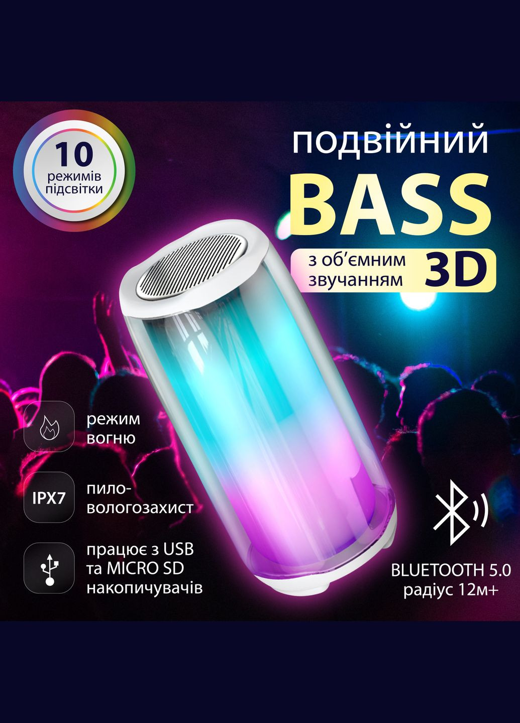 Портативная колонка Pulse 5 BT/TF/FM/AUX/USB с подсветкой 8 Вт, белая No Brand (323641642)