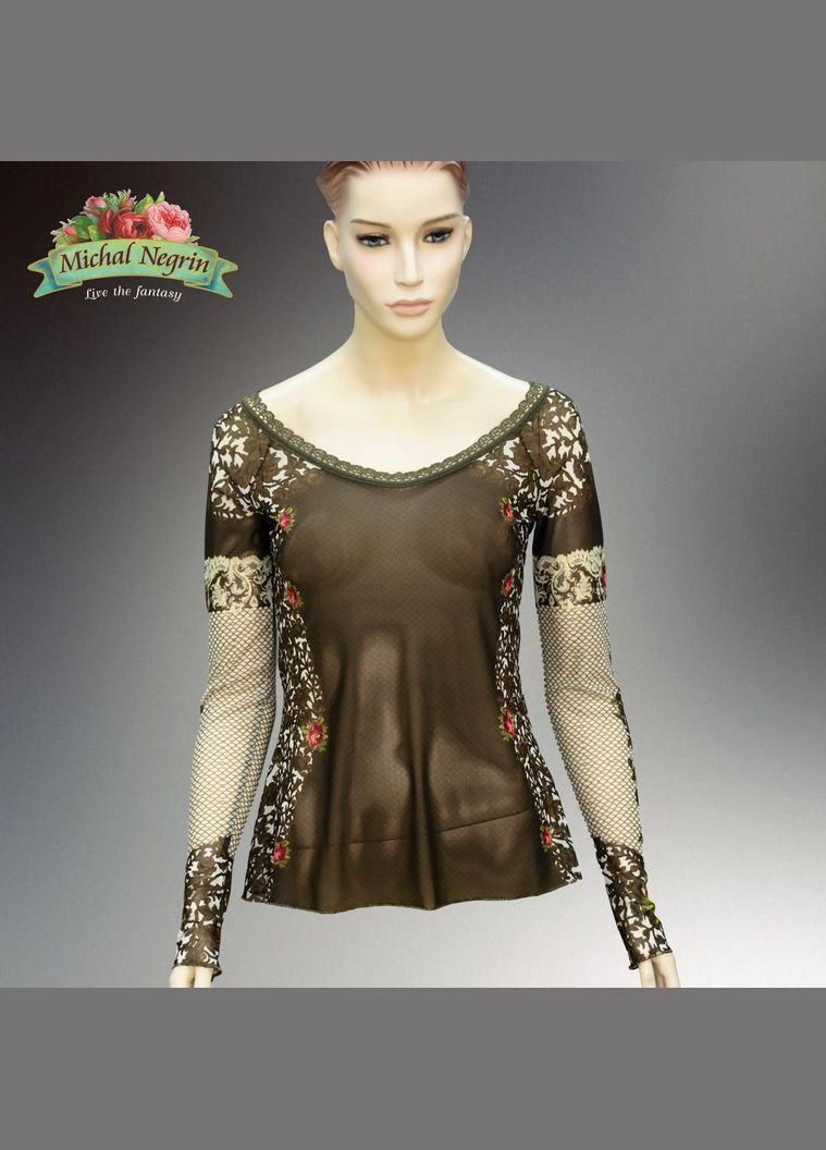 Коричневая блуза женская "цветочное очарование" с кристаллами swarovski и кружевом, ручная работа (р-s) Michal Negrin