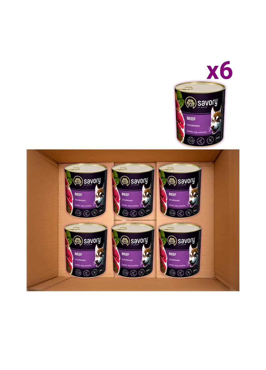 Упаковка вологого корму для дорослих собак паштет з яловичиною для усіх порід 800 г х 6 шт Savory (365652560)