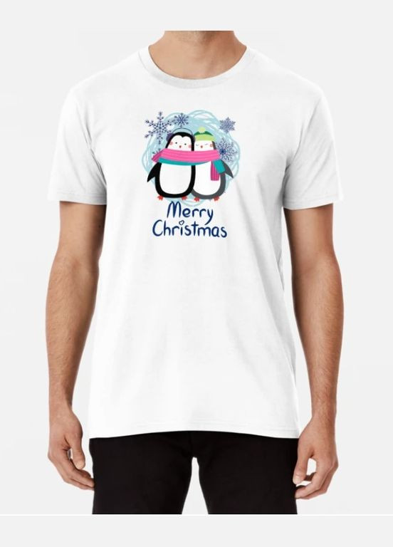 Белая мужская новогодняя футболка с принтом merry christmas пара пингвины Stedman