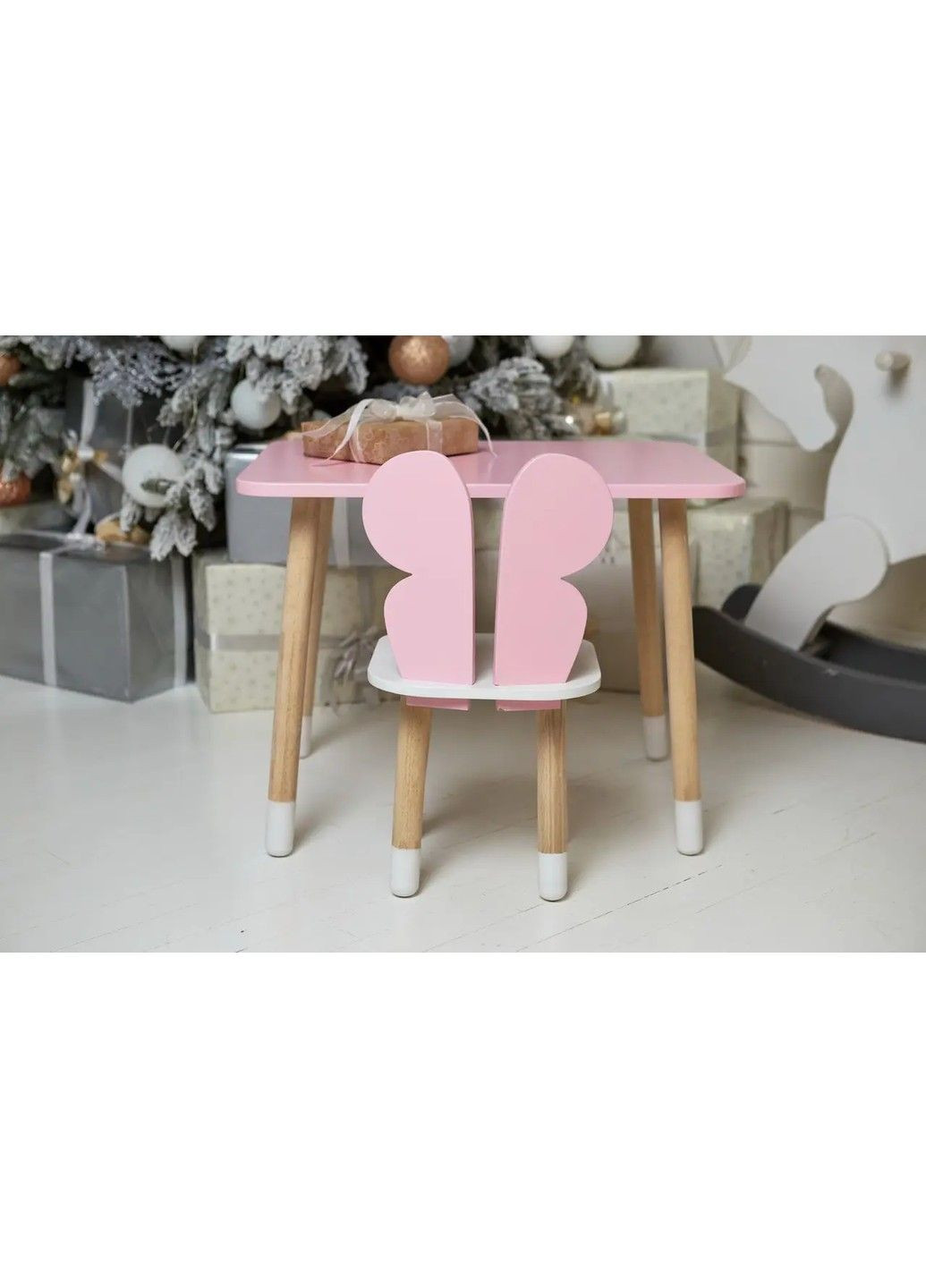 Дитячий прямокутний столик (Рожевий) та стільчик Метелик (Рожевий з білим) No Brand (331639533)