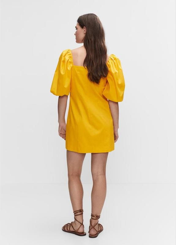 Желтое яркое летнее платье из натуральной ткани платье рукава буфы фонарики короткое Mango