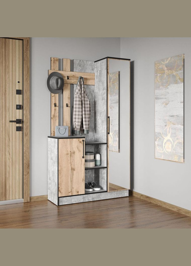 Cтильна прихожа з дзеркалом, дверцятами та крючками для одягу від KO-0004 Бетон/Аппалачі MORELI (361035118)