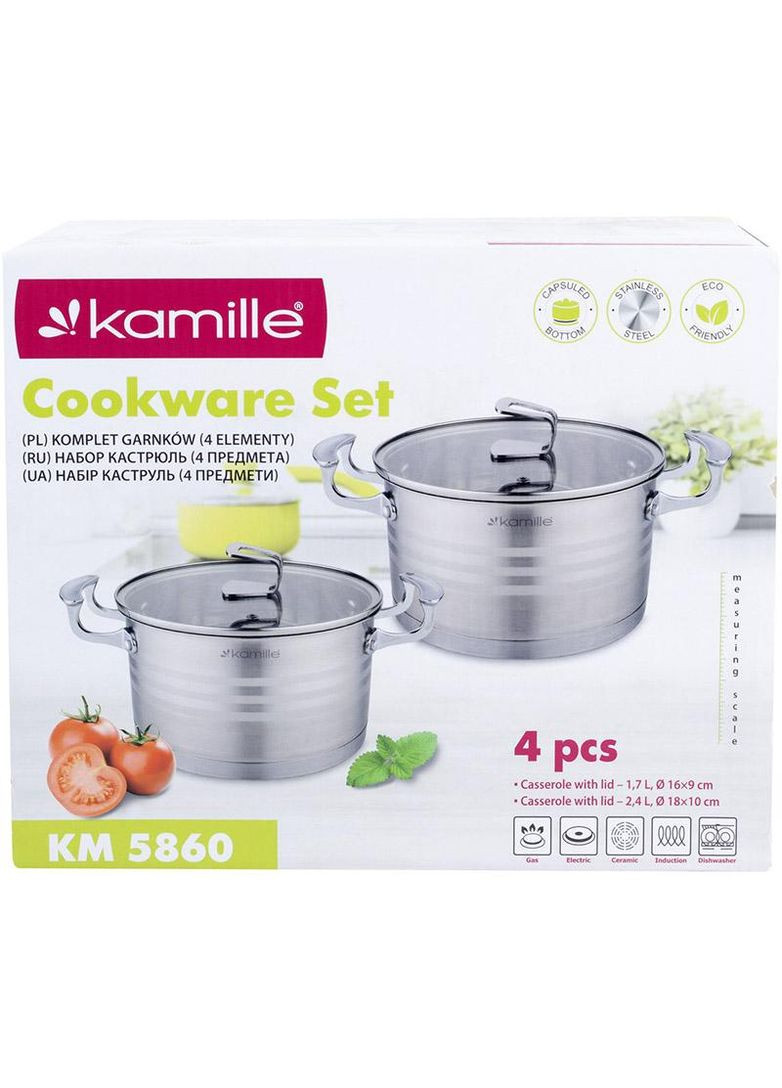 Набір каструль з нержавіючої сталі 2 шт 1,5л і 2,4л з кришками для готування та запікання Kamille (368978819)