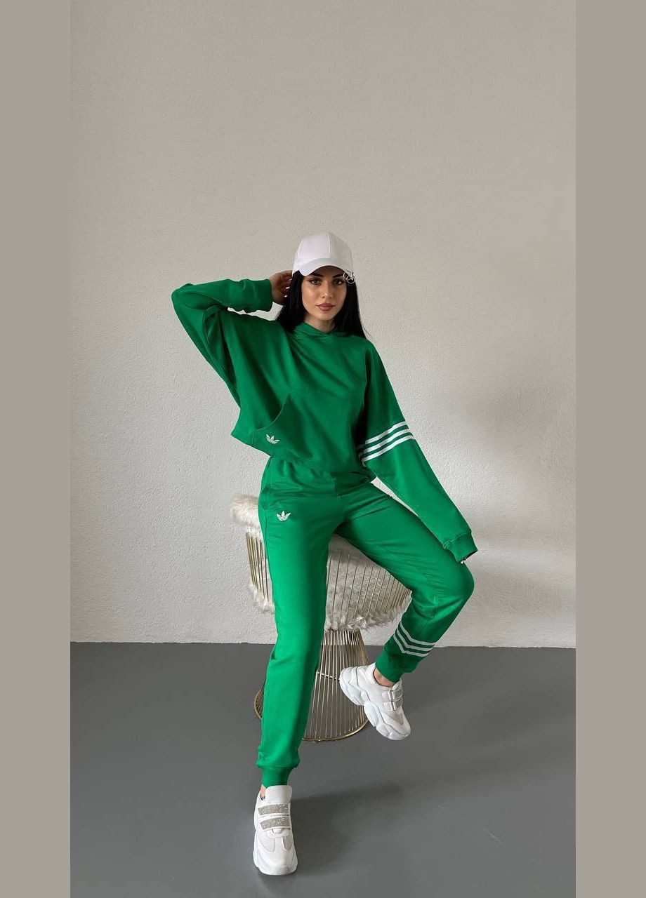 Шикарный зеленый спортивный костюм двойка "adidas" из двухнитки люкс качества, прогулочный костюм 2-ка (кофта+штаны) No Brand 068-3 (282970327)