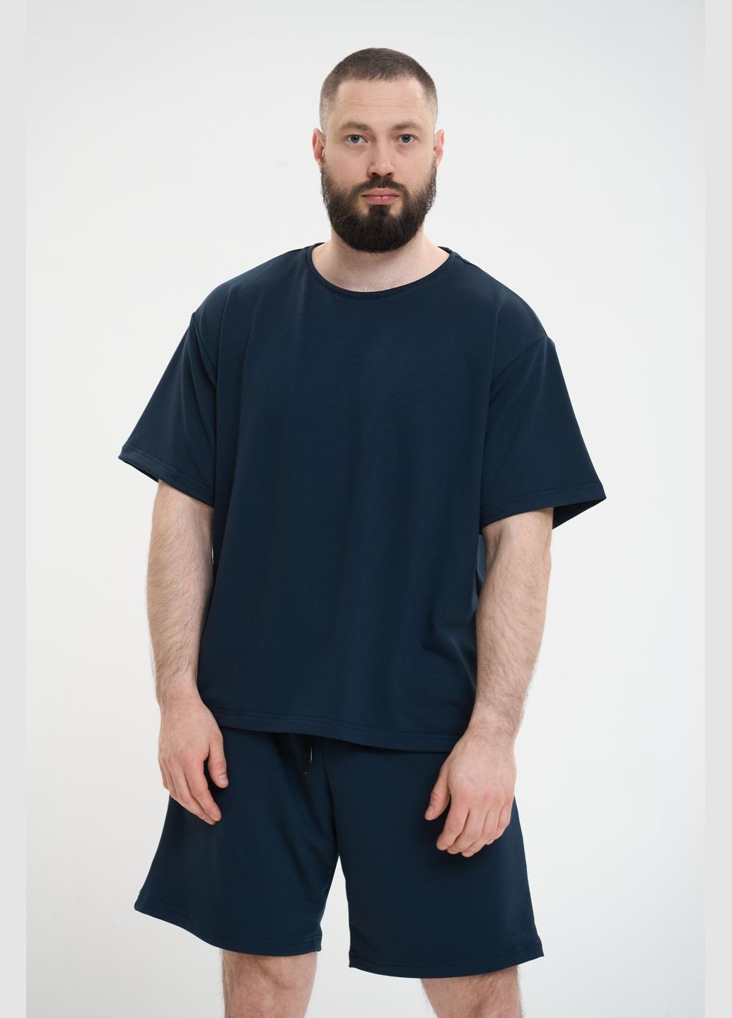 Синий летний комфортный летний комплект в стиле оверсайз с шортами Vakko
