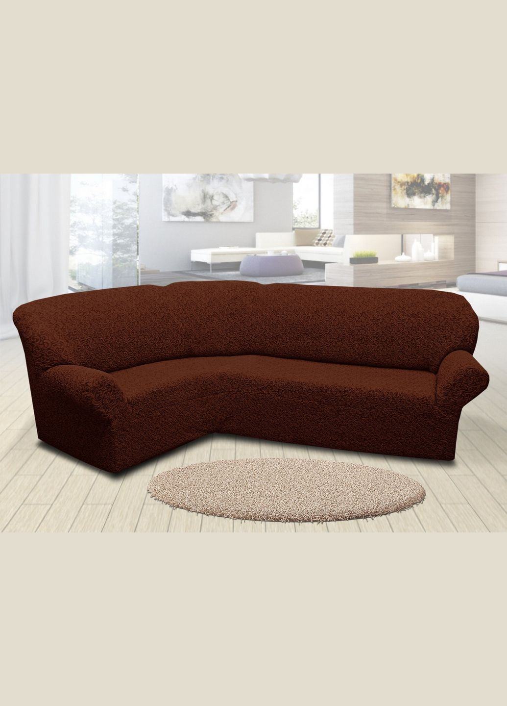 Жаккардовый чехол на угловой диван без юбки Коричневый Kayra (318382121)