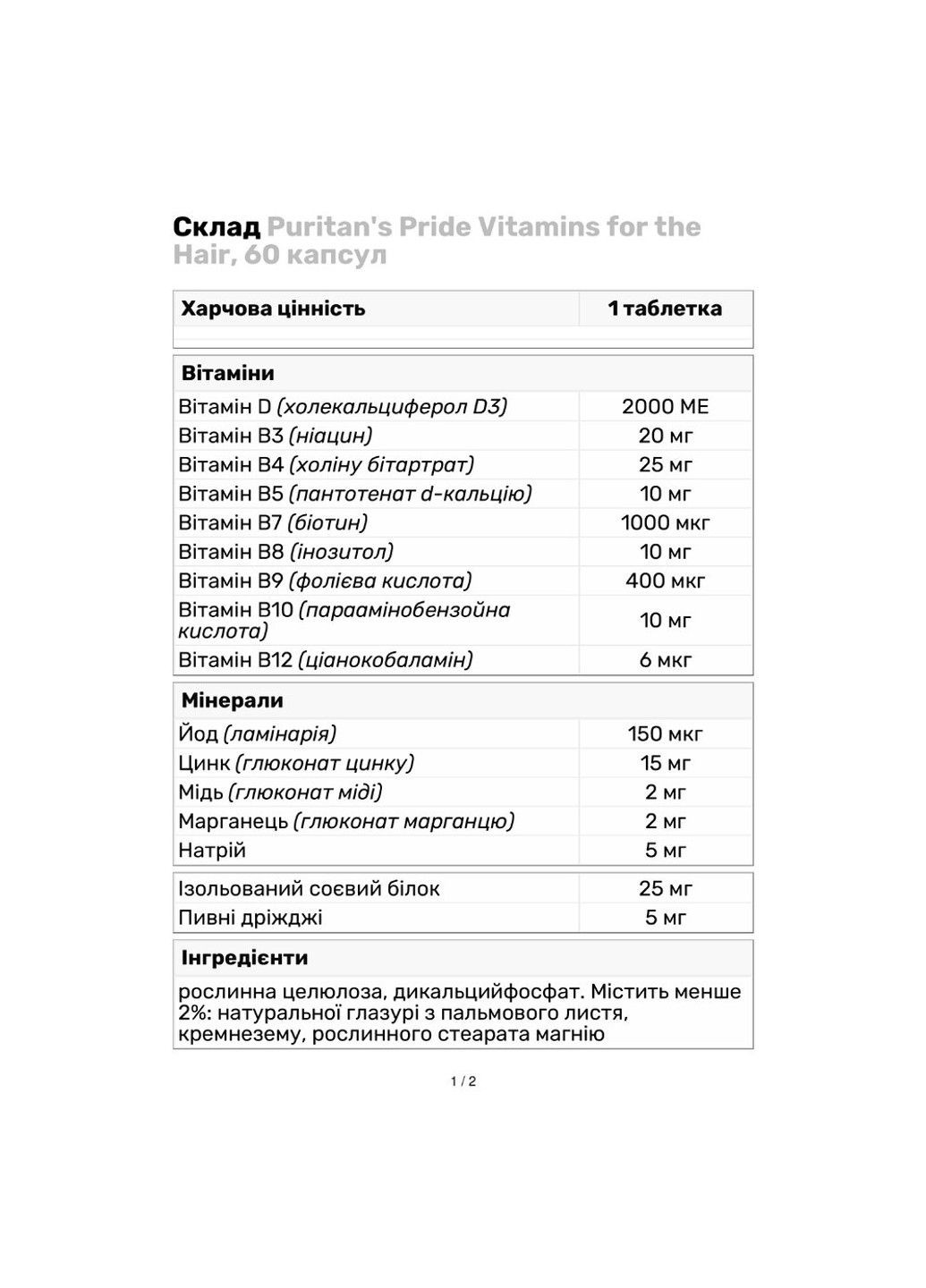 Витамины для Волос Vitamins for Hair One per Day Formula - 60 таб Puritans Pride (293516661)
