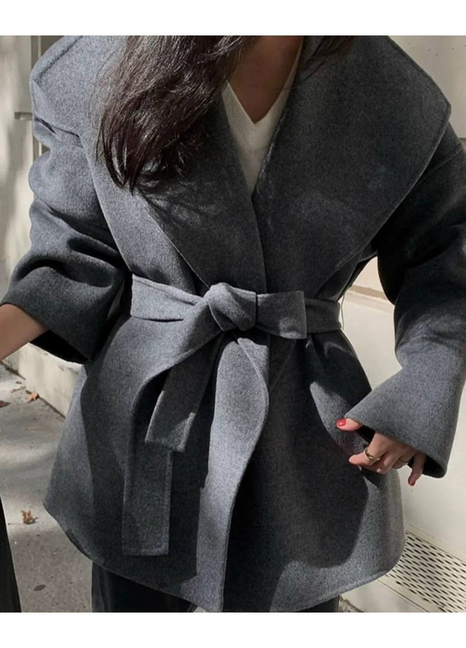 Серое демисезонное Укороченное пальто автоледи с поясом — ЗАМЕР В ОПИСАНИИ DK/DL Мода без кордонів