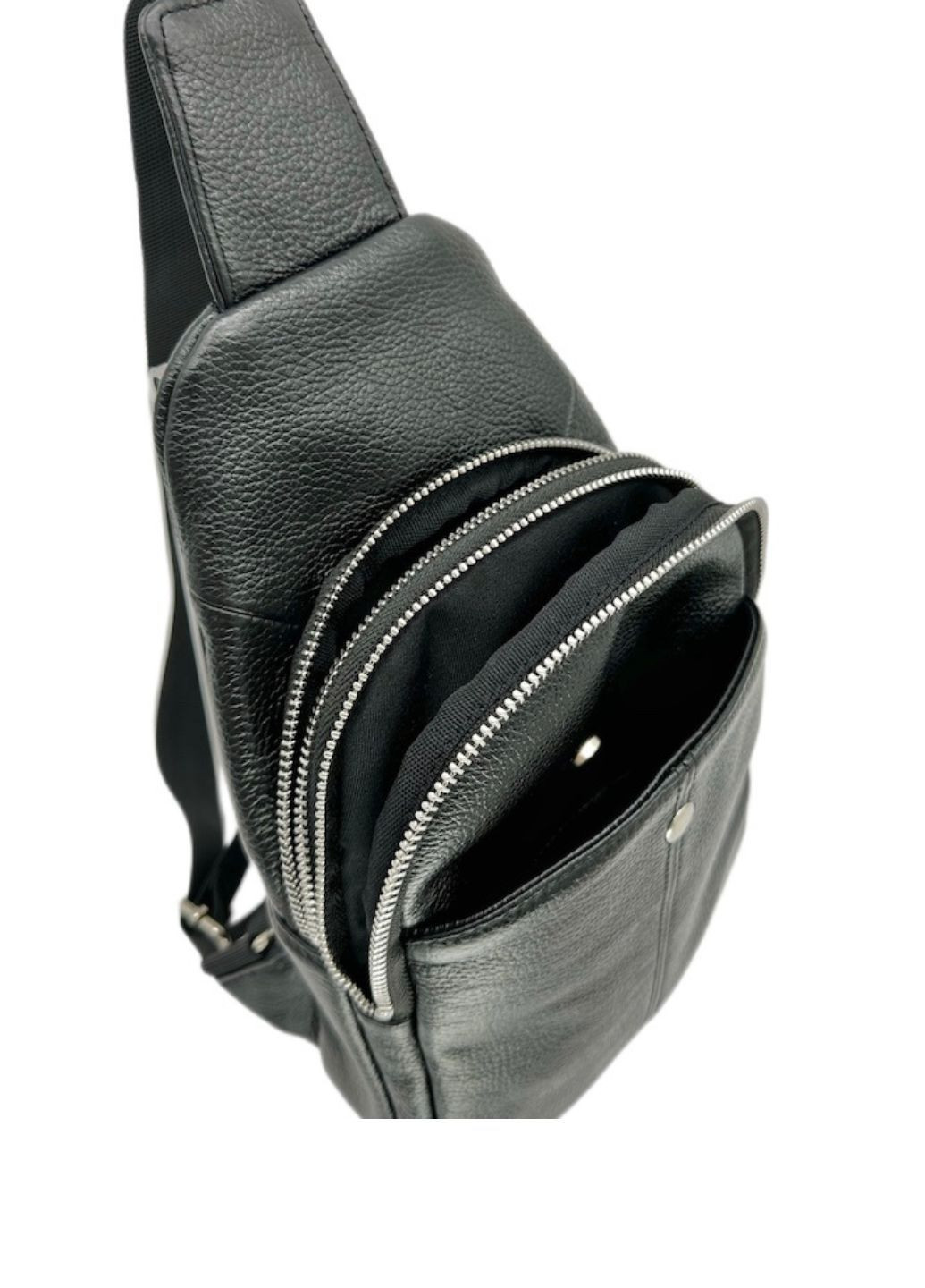 Стильная мужская сумка-слинг нагрудная из натуральной кожи на молнии, чёрная 816510 LQ 817510 (278649322)