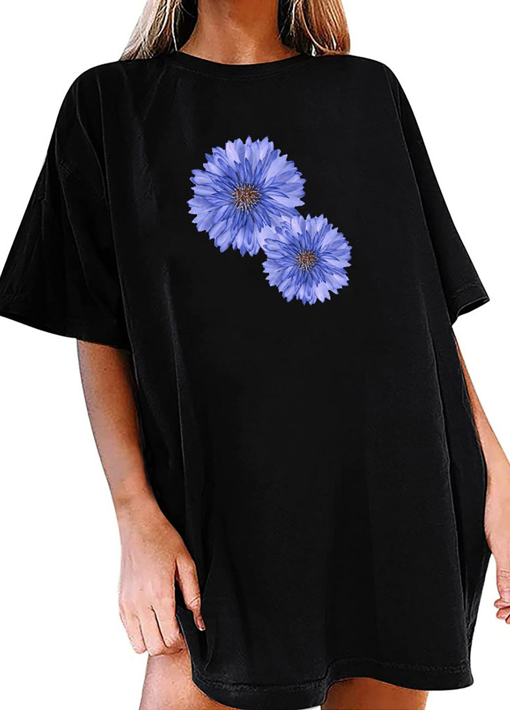 Черное платье-футболка черное с удлиненным рукавом chintz floral Love&Live с рисунком